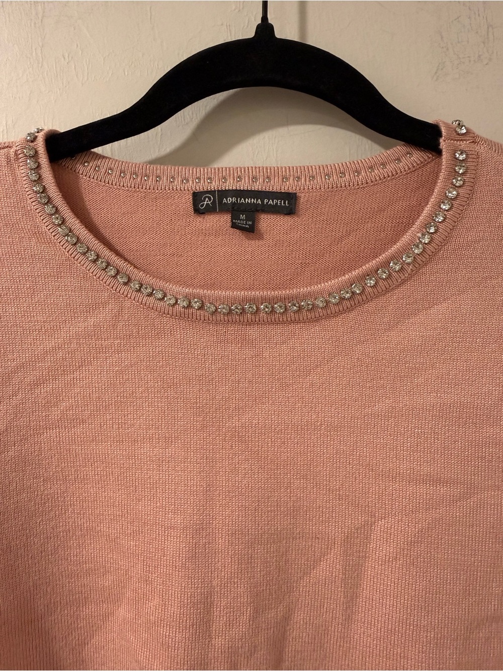 Adrianna Papell Pink Rhinestone Scallop Hem Short Sleeve Sweater M Holiday - Picture 4 of 10